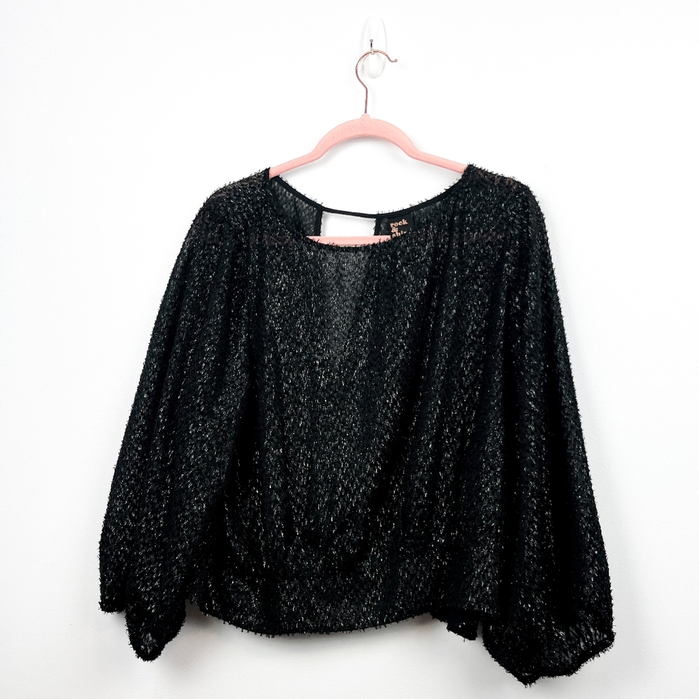 Rock & Shine by Reitman's Long Sleeve Sparkly Black Sheer Blouse